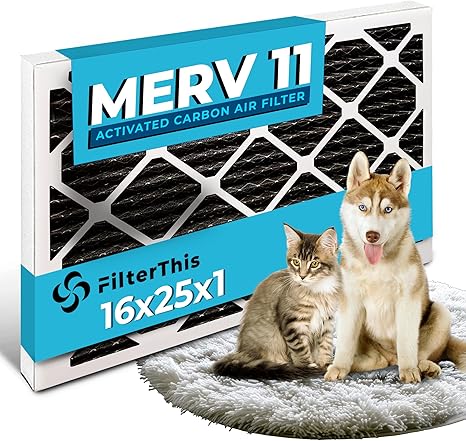 16x25x1 Air Filter MERV 11 Activated Carbon — Pet Dander & Dust Defense, Pollen, Smoke, Allergy Protection — Electrostatic Pleated HVAC AC Furnace Filter Replacement (4-Pack)